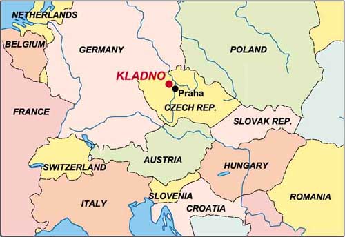 A map of Europe incl. the city of Kladno